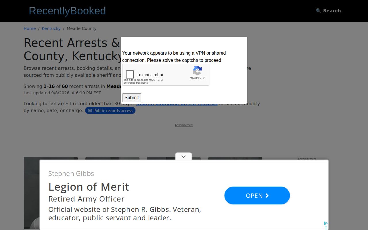 Unofficial RecentlyBooked Meade County arrest report landing page