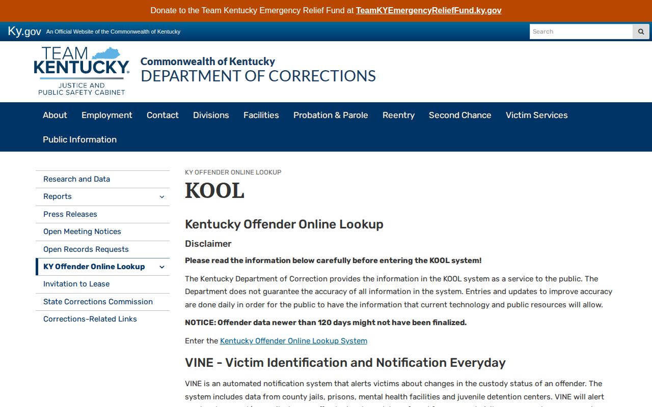 Kentucky Online Offender Lookup information page