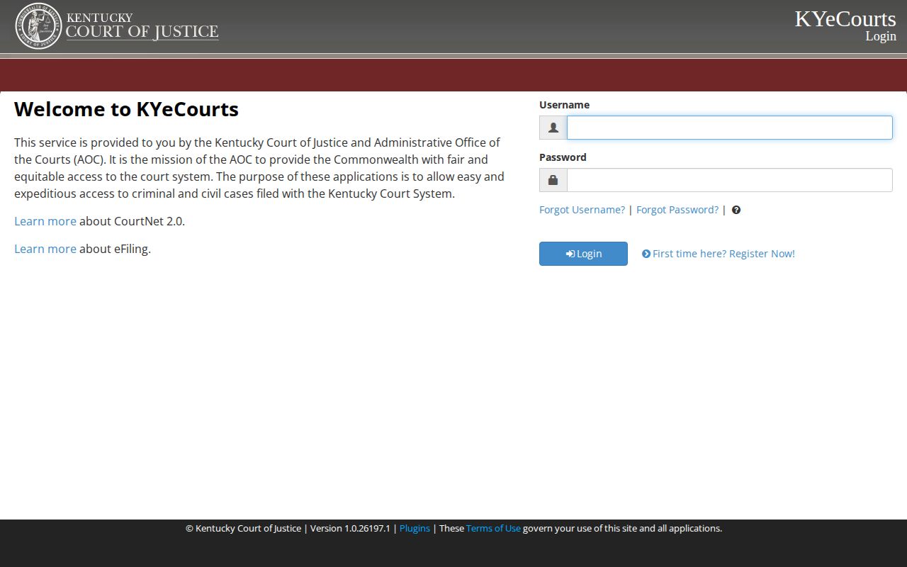 Kentucky CourtNet search page for case and warrant follow-through