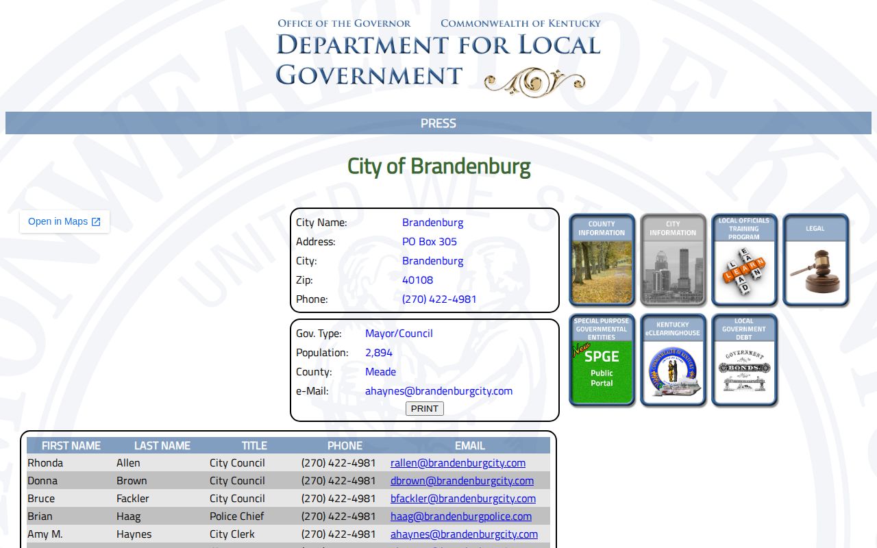Kentucky Department for Local Government Brandenburg city profile