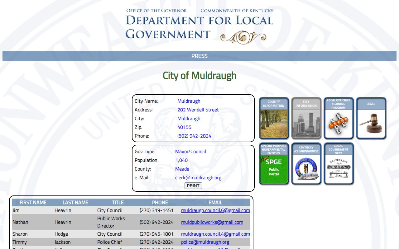 Kentucky local-government profile for Muldraugh